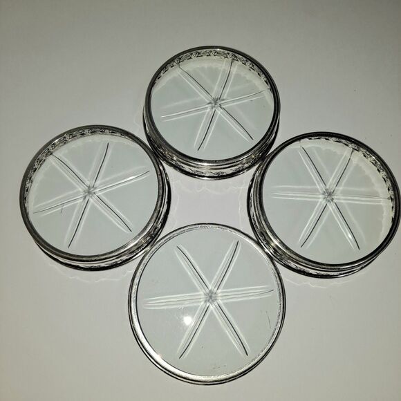 BIRKS Sterling Coasters Set Of 4 Starburst Glass Floral Pattern Rolled Edge - Picture 5 of 9